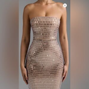 Elegant Silver Mirror Dress/ AMAYA
Embellished Bandeau Maxi Dress in Almond